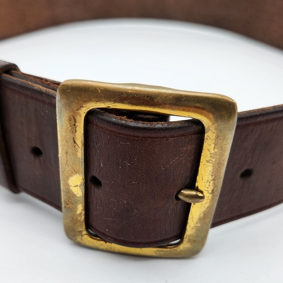 Brown Leather Belt Mens Size 36 Oil Tanned Harness Solid Brass Genuine Handmade - Picture 1 of 11